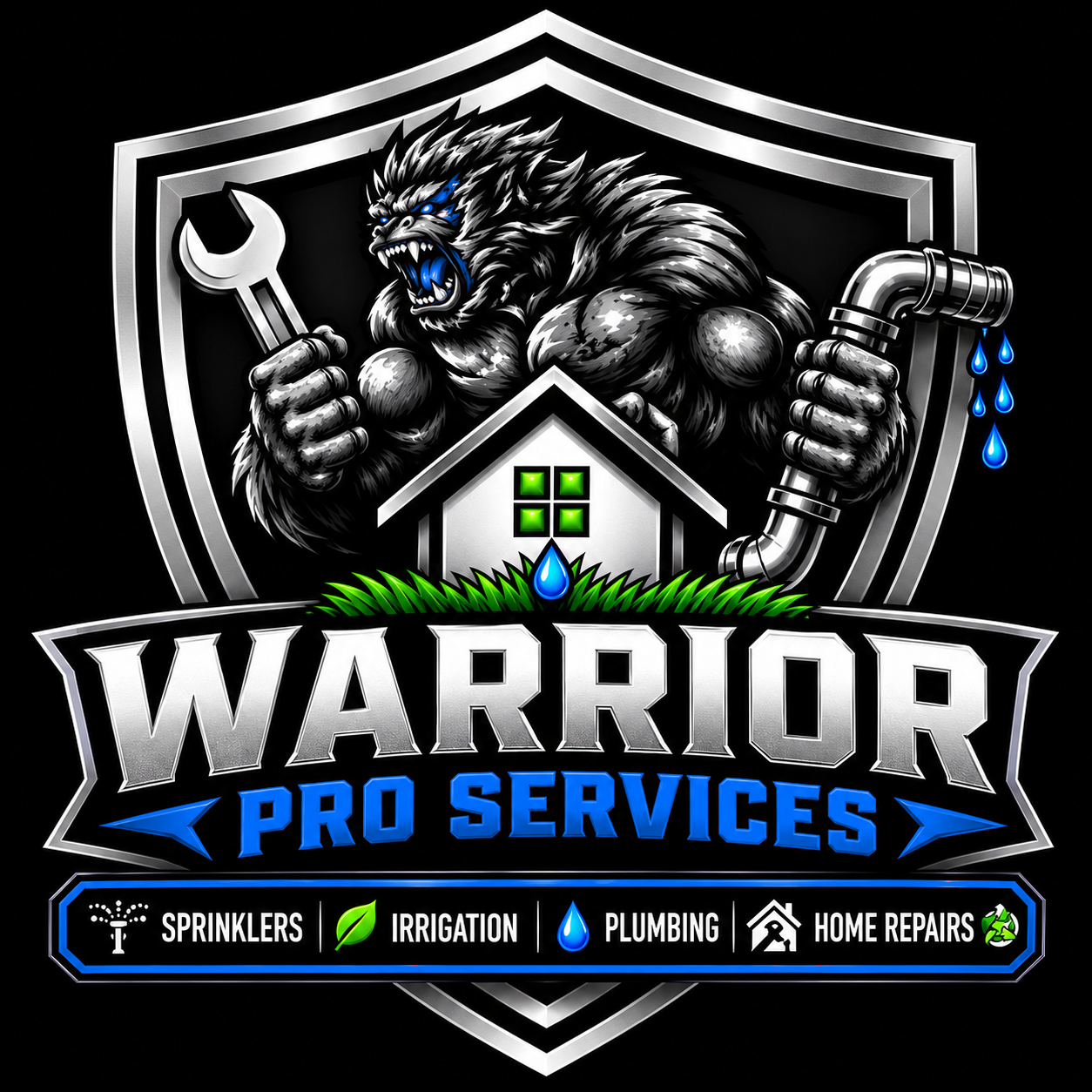 Warrior Pro Services logo: sprinklers, irrigation, plumbing and home repairs